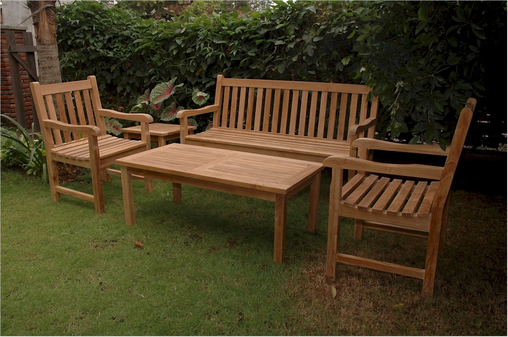 Teak Bench Classic 3-Seater 59" + 2 Classic Dining Armchairs + Bahama 47" Rectangular Coffee Table